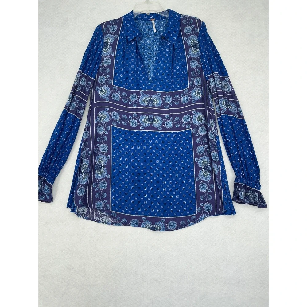 Free People Tunic Top Womens Small Blue Floral Mixed Print Boho Ruffle Sleeve